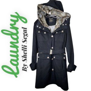LAUNDRY BY SHELLI SEGAL Black Wool Hooded Belted Military Coat, Size 6